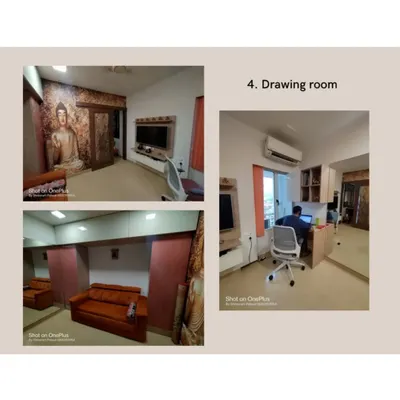 This collage shows a real-world example of a dual-function room. The space serves as a comfortable drawing room with a sofa by day, and the wall unit folds down to reveal a full bed for the night.