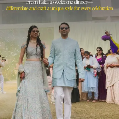 A perfect example of coordinated couple styling. For this welcome dinner, we chose a beautiful pastel blue palette for both the bride and groom, creating a look that was harmonious, elegant, and unique for their celebration.