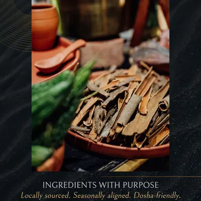 Ingredients with purpose. This image showcases locally sourced, seasonal ingredients like cinnamon sticks, which are fundamental to our Ayurvedic menus. We believe in food that is dosha-friendly and aligned with nature.