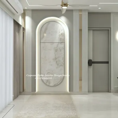 An elegant wall design featuring a large, arched niche with a marble finish, set against a backdrop of vertical fluting. The backlighting adds a soft, ambient glow.