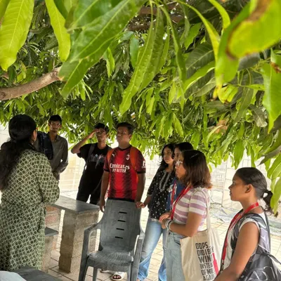 An interactive session with students under the shade of a mango tree. We discuss the principles of farming and hydroponics before heading into the greenhouse for practical experience.
