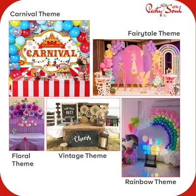 If you need help picking a theme, I've got you covered. This shows just a few popular ideas I can execute, from a vibrant Carnival or Rainbow theme to an elegant Vintage or Floral setup.