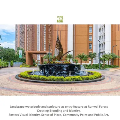 At the entrance to Runwal Forest, this water feature with a nature-themed sculpture serves as a landmark. The roundabout creates a strong visual identity and sense of place, welcoming residents and visitors with the soothing sound of water and a piece of public art.