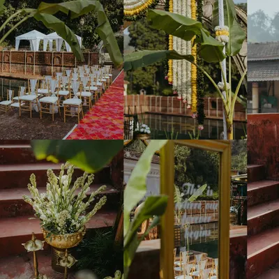 A collage of the beautiful, rustic decor from a traditional Goan wedding, featuring banana leaves, brass vessels, and a mirrored welcome sign.