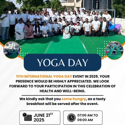 An invitation to our 11th International Yoga Day event in Bengaluru. We open our doors to the local community for a morning of free yoga and a shared breakfast, celebrating health and well-being together.