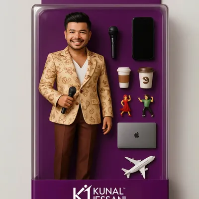 Here is another version of the Kunal Jessani action figure set. This one comes complete with a mic, coffee, laptop, and even a tiny airplane to represent my work and travel.