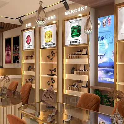 A 3D render of the GemLab showroom interior, designed for an interactive customer journey. The display modules are organized by gemstone type, featuring back-lit graphics and elegant shelving to showcase each product.