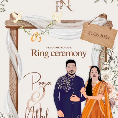 This is the digital design for Pooja and Nikhil's engagement welcome board. I work with you to get the illustration just right before we print it for the final physical display.