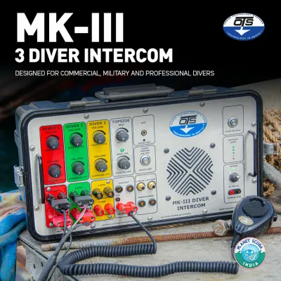 A detailed view of the OTS MK-III 3-Diver Intercom panel. The color-coded controls for each diver and the topside supervisor are intuitive and easy to use, even in high-stress situations, ensuring seamless communication management during a dive.