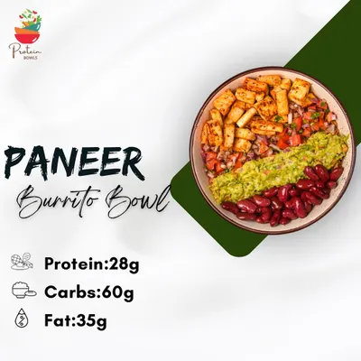 This is my Paneer Burrito Bowl, a dish I'm really proud of. It's packed with 28g of protein and features peri peri paneer, fresh guacamole, salsa, and red kidney beans. It's a perfectly balanced and flavorful meal.