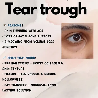 This infographic explains the reasons behind tear trough hollows, which include skin thinning, loss of fat and bone support, and genetics. I correct this non-surgically with targeted PRF injections to improve skin texture and fillers to add volume, restoring a rested look instead of just concealing the shadow.