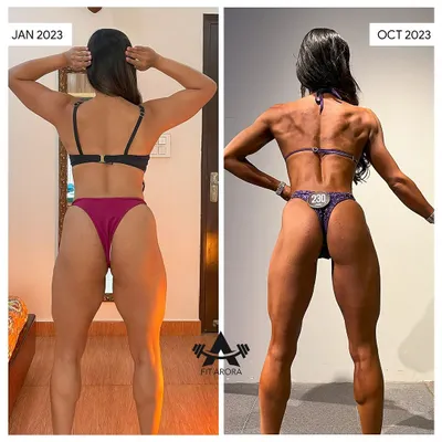 My 10-month transformation from January to October 2023. This back shot shows the incredible change in definition and leanness required for a bikini competition. This is the result of a strict diet and relentless training.