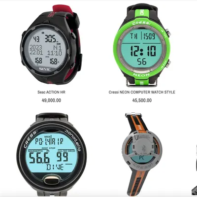 Choosing the right dive computer depends on your needs and budget. This image shows a few of the different models we offer, including the Seac ACTION, Cressi NEON, and Cressi Donatello, each with unique features.