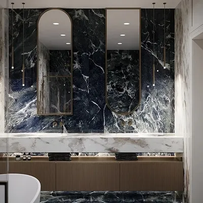 A duplicate of our striking blue marble bathroom design. This render showcases how we use dramatic materials and thoughtful lighting to create a high-end, luxurious feel.