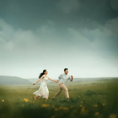 Running hand in hand through an open meadow, with the wind in her hair and a vast sky above. This candid shot is all about capturing the feeling of freedom and adventure that begins your journey together.