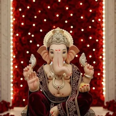 A classic and powerful Ganpati setup, pairing a wall of deep red roses with soft lighting to create a rich and devotional ambiance for Bappa's arrival.