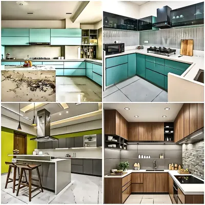 This collage presents a variety of our kitchen design capabilities. It includes a modern kitchen with an island and breakfast bar, a two-tone design in teal, a warm wood-finish kitchen, and another contemporary layout, showcasing our range in style and execution.