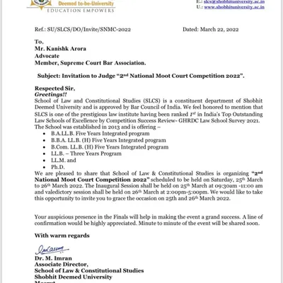 It was an honor to be invited to judge the final rounds of the 2nd National Moot Court Competition at Shobhit University. It feels surreal and humbling to move from being a participant in such events to now judging them, and I am grateful for the chance to contribute to legal education.