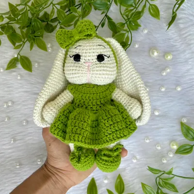Look at this adorable bunny with her long, floppy ears and sweet green dress! I love when customers have unique ideas, and this long-eared bunny was a joy to bring to life. She is so soft and posable.