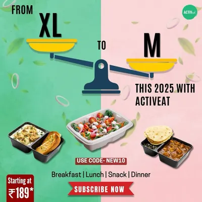 Our goal is to help you achieve yours, like going from XL to M. This graphic illustrates the weight loss journey our meal plans can support, featuring a variety of our dishes like salads and curries.