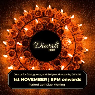 This poster for a Diwali party at Pyrford Golf Club shows the kind of festive events I love to DJ. I provide the perfect Bollywood music backdrop for an evening of food, games, and celebration.