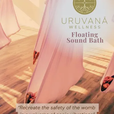 This poster captures the essence of our Floating Sound Bath. The experience is designed to help you recreate the safety of the womb, held within a universe of sonic vibrations for deep rest and integration.