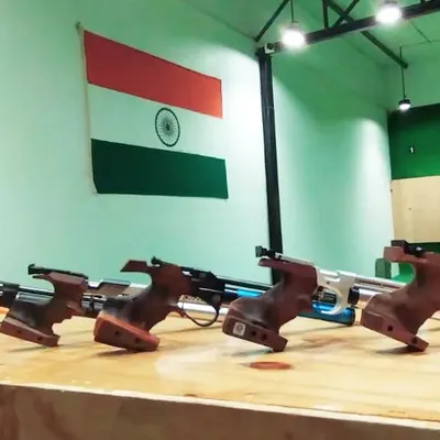 A lineup of our air pistols, including models from Steyr, Walther, Morini, and Pardini. We ensure our students train with diverse, high-quality firearms.
