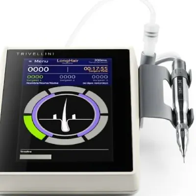This is the Trivellini "Mamba" FUE device, one of the most advanced hair restoration tools in the world. Its multiphasic system changes its motion as it penetrates the scalp, allowing for cleaner, more precise graft extraction.