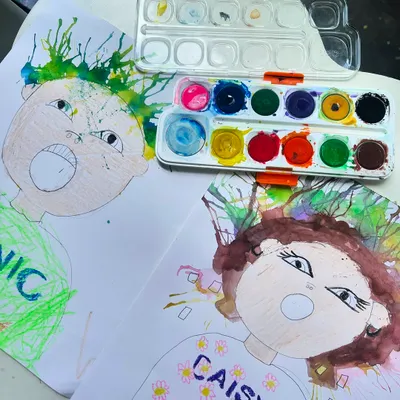 Mixing art with fun! We explored blow painting today to create these wild and wonderful hairdos. The creativity just flowed, literally!