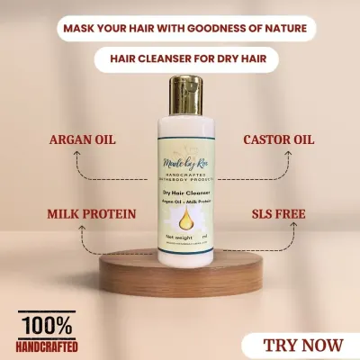 For those with dry, brittle hair, I created this Dry Hair Cleanser. It's enriched with hydrating Argan oil, strengthening milk protein, and nourishing castor oil. This 100% handcrafted, SLS-free formula gently cleanses while restoring moisture and shine.