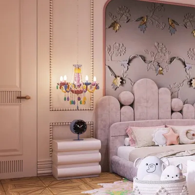 A whimsical children's room where a colorful chandelier and embossed floral wall create a fairytale atmosphere. The render focuses on the playful details and soft pink palette.