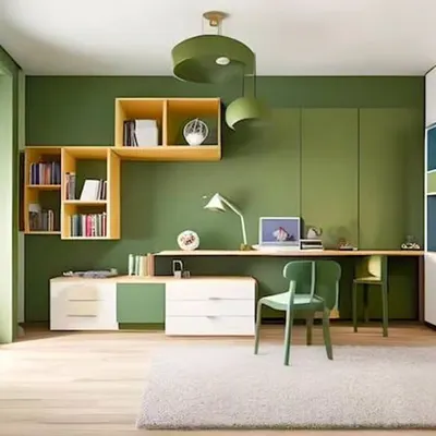 This study zone is designed for focus, using a calming green color palette. The long desk provides ample workspace for two, with a mix of open and closed shelving for books and supplies.