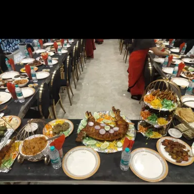 A beautifully arranged banquet table for a wedding reception. We provide everything from the tablecloths to the centerpiece dishes.