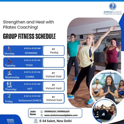 Our morning group fitness schedule. Start your day with Spinning, Yoga, Zumba, HIIT, or Bollywood Dance.