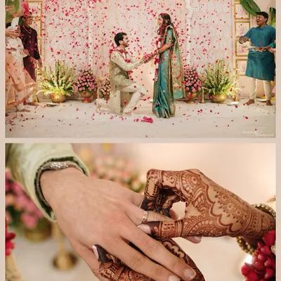 A dual-frame story of the proposal: the wide shot showing the magical moment with falling petals, and the close-up capturing the detail of the ring exchange.