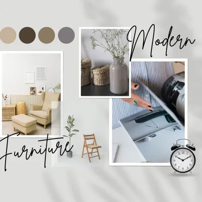 This is a mood board we presented to a client for a 'Modern Furniture' concept. It includes a specific color palette, furniture styles, decor items, and textures to give a clear visual direction for the project.