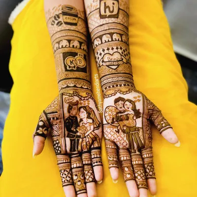 A stunning and unique engagement mehendi that tells the couple's story. We included everything from their portraits to their favorite things.
