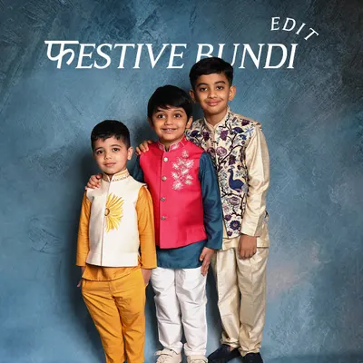 The Festive Bundi Edit. This shot showcases three of our most popular Bundi sets, from a sunny yellow sunflower design to a vibrant red lotus and a regal peacock embroidered jacket.