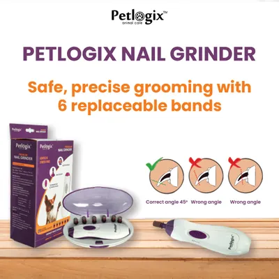 This is my Petlogix Nail Grinder, designed for safe and precise grooming at home. The graphic illustrates the correct angle for use to avoid injury, and the kit includes 6 replaceable bands.