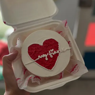 A simple and sweet bento cake for a fiancé. The textured red heart and delicate piping make it a romantic little gesture.