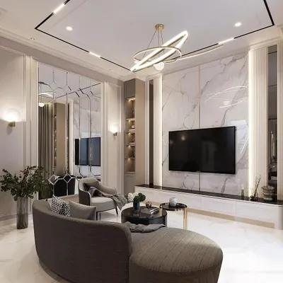 Another view of this luxurious living room, highlighting the reflective properties of the marble-clad TV wall and mirrored panels that enhance the sense of space.