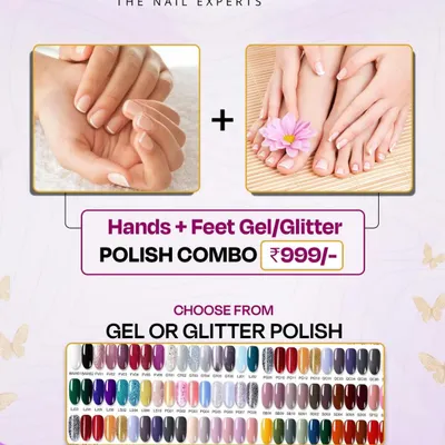 This is one of our most loved deals. You get a gel or glitter polish for both your hands and feet for just ₹999. I make sure we have over 1000 trending shades, so you can find the exact color that matches your mood, from classic nudes to bold, sparkling glitters.