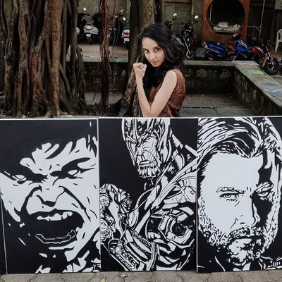 This five-piece Marvel Avengers canvas set was a huge project for a client's home. We used a high-contrast, black and white style to bring these iconic superheroes like Iron Man and the Hulk to life on canvas.