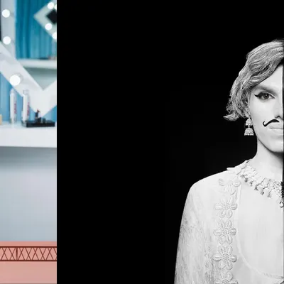 This piece for ABP Studios explores identity by merging male and female aesthetics. The costume design is split down the middle, contrasting a traditional Indian necklace and delicate lace with a sharp mustache and cropped hair.