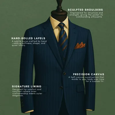 A detailed look at the anatomy of our suit jacket. We focus on sculpted shoulders, hand-rolled lapels, precision half-canvas construction, and signature linings to create a garment that is both structured and personal.