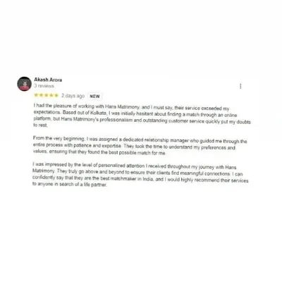 We are deeply grateful for this review from Akash Arora. He highlights our professionalism, personalized attention, and the dedication of our relationship managers in finding a meaningful connection, reaffirming our commitment to being one of the best matchmakers in India.