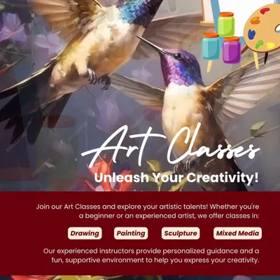 Our comprehensive art class flyer, inviting you to unleash your creativity in drawing, painting, sculpture, or mixed media.