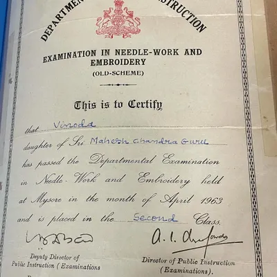 This is my mother's certificate for passing the departmental examination in Needle-Work and Embroidery in 1963. It is a treasured document that marks the beginning of my family's legacy in this craft.