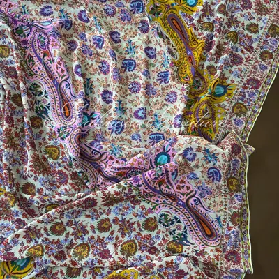 A full view of our finest Kashmiri Kalamkari and embroidery dupatta on pure georgette. The piece is a symphony of color, featuring elaborate paisley and floral motifs.