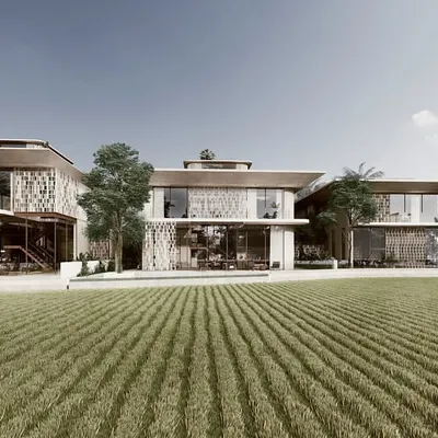 For our "Pavilions in the Fields" project, the architecture is designed to be a quiet observer of the vast landscape. These three homes are placed as minimalist pavilions, using a language of solid stone and transparent screens to create a dialogue between the structure and the unending paddy fields.